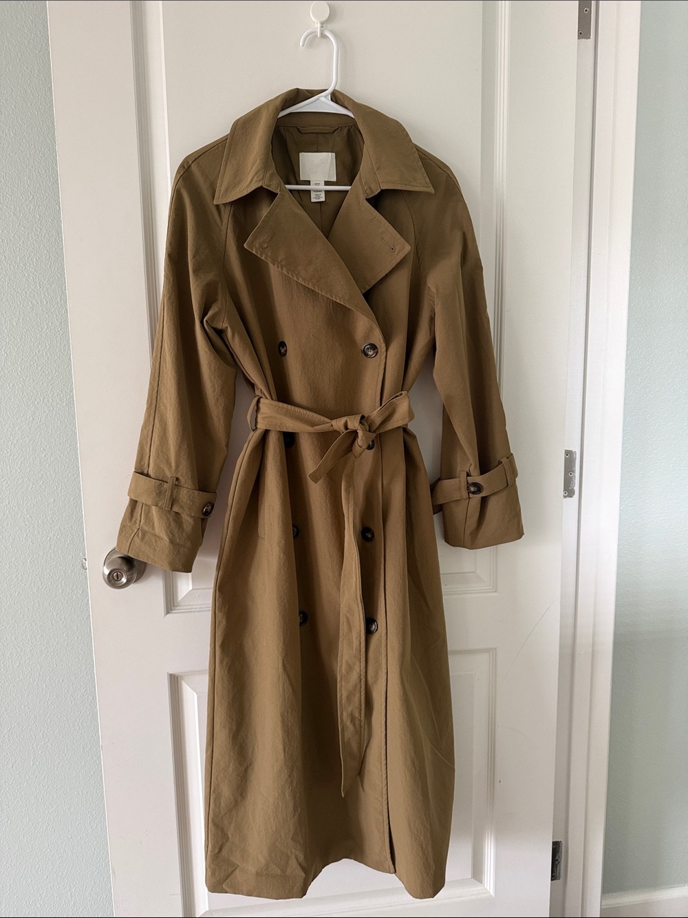 H&M Olive Tan Double-Breasted Trench Coat with Beltr XS OVERSIZED